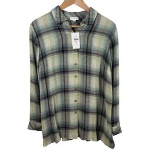 NWT J. Jill Petite Medium Plaid Button-Up Shirt Sage Green Navy‎ Relaxed Fit